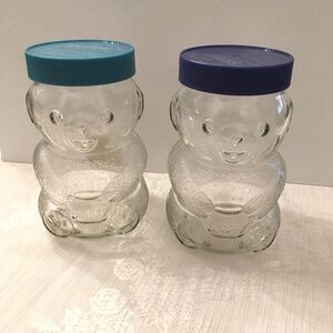 Vintage Collectible Set (2) Glass Bears Skippy Peanut Butter Jars w/Lids 7"x4"